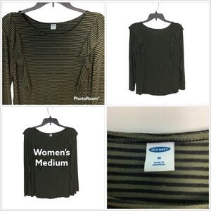 Women's Old Navy M Medium 8 - 10 Crew Shirt Stripes Black Olive Long Sleeve